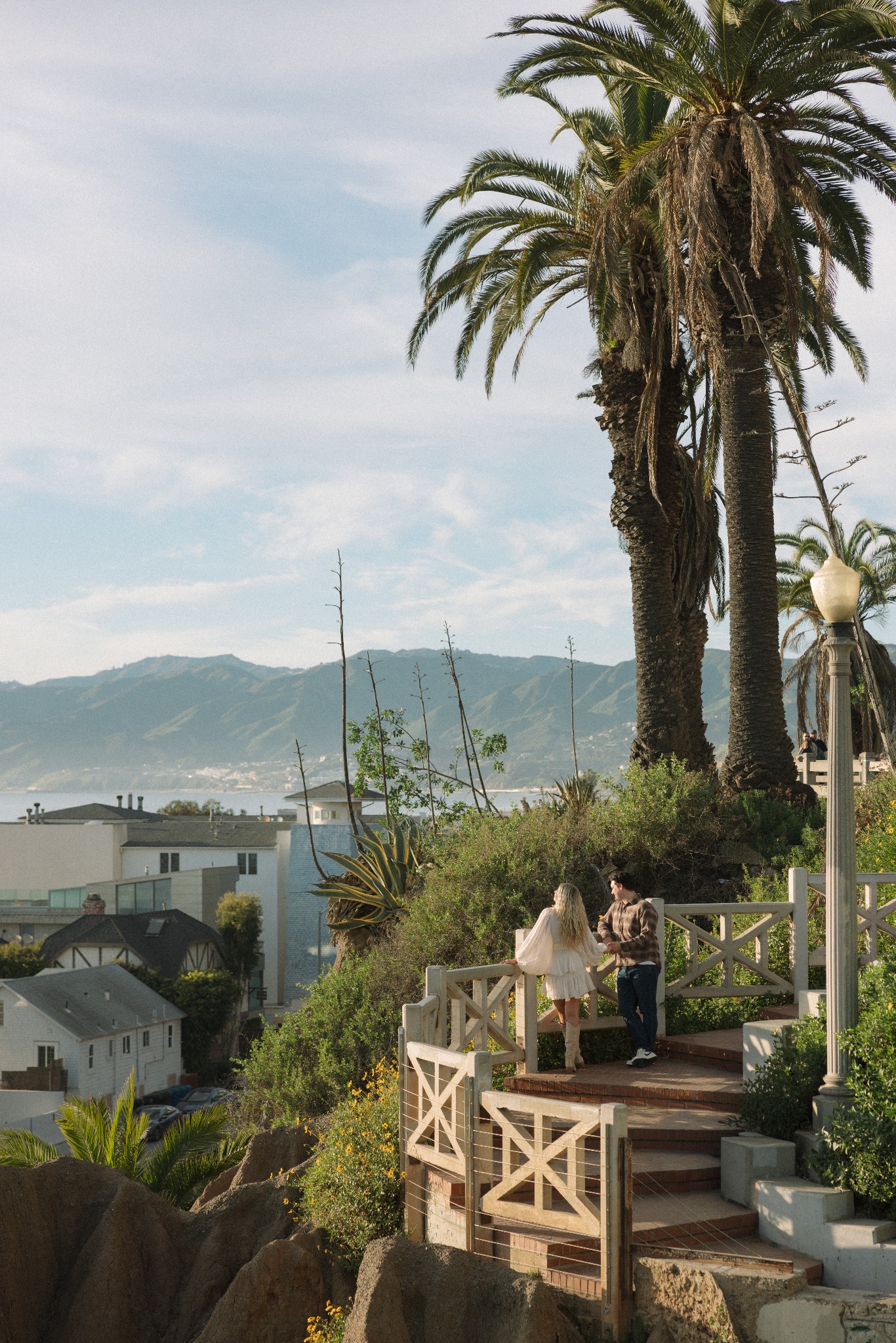 Jamie and Sean standing at a hillside overlook with palm trees and the coastline beyond
